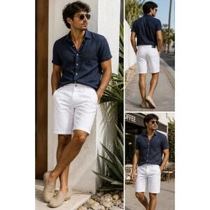 Tailor Vintage White Denim Shorts 36 Men’s Slim Fit Stretch Summer Casual Cotton